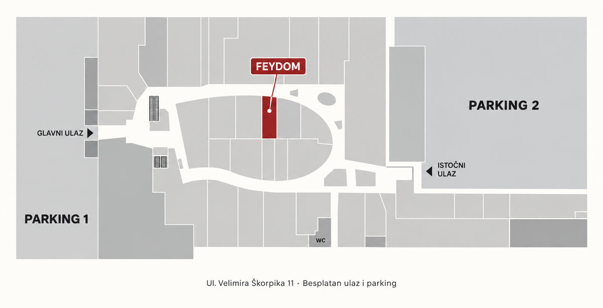 Tlocrt Family malla Zagreb s označenim salonom FEYDOM, ulazima i parkingom
