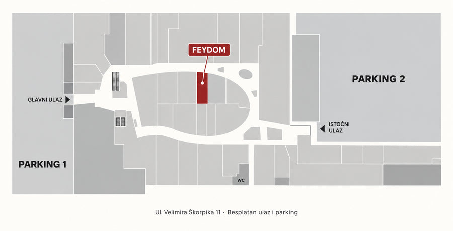 Tlocrt Family malla Zagreb s označenim salonom FEYDOM, ulazima i parkingom