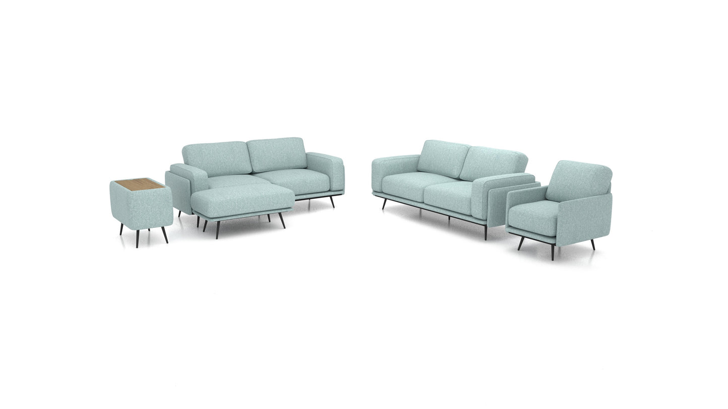 OIKO L+, modularna sjedeća garnitura FEYDOM u tkanini Alure DE-75 Pastel Blue, tamno drvo