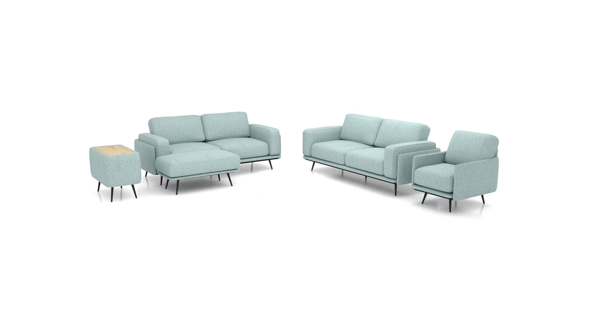 OIKO L+, modularna sjedeća garnitura FEYDOM u tkanini Alure DE-75 Pastel Blue, svijetlo drvo