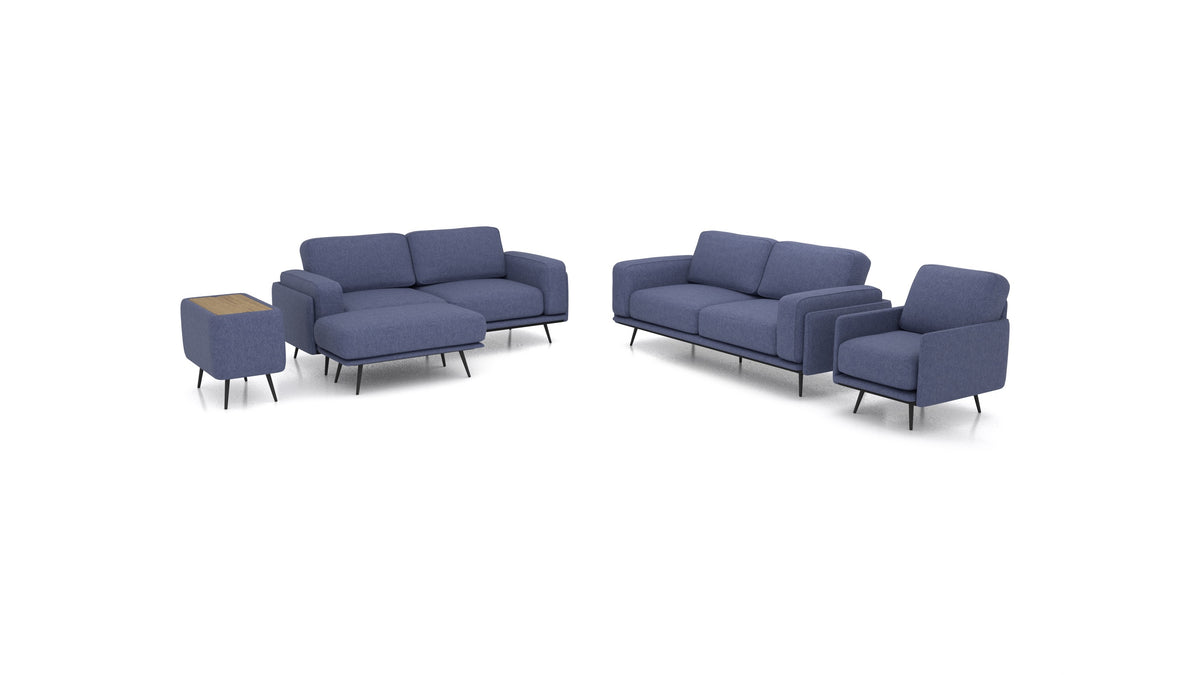 OIKO L+, modularna sjedeća garnitura FEYDOM u tkanini Velare ET-80 Noble Blue, tamno drvo