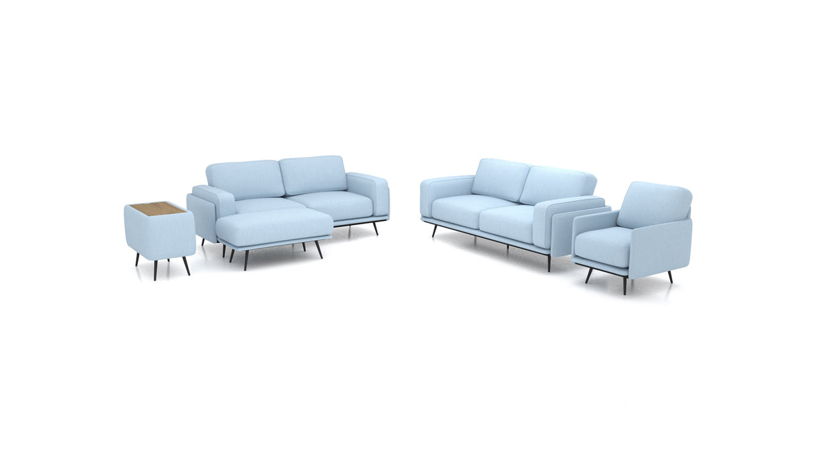 OIKO L+, modularna sjedeća garnitura FEYDOM u tkanini Mollia FF-19 Pastel Blue, tamno drvo