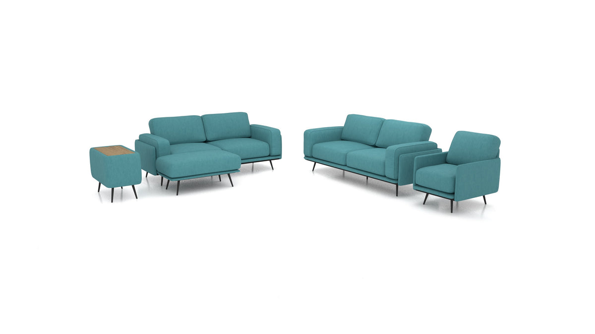 OIKO L+, modularna sjedeća garnitura FEYDOM u tkanini Mollia FF-20 Turquoise, tamno drvo
