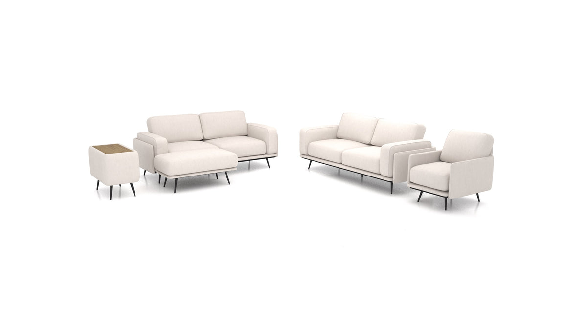 OIKO L+, modularna sjedeća garnitura FEYDOM u tkanini Mollia HC-04 White, tamno drvo