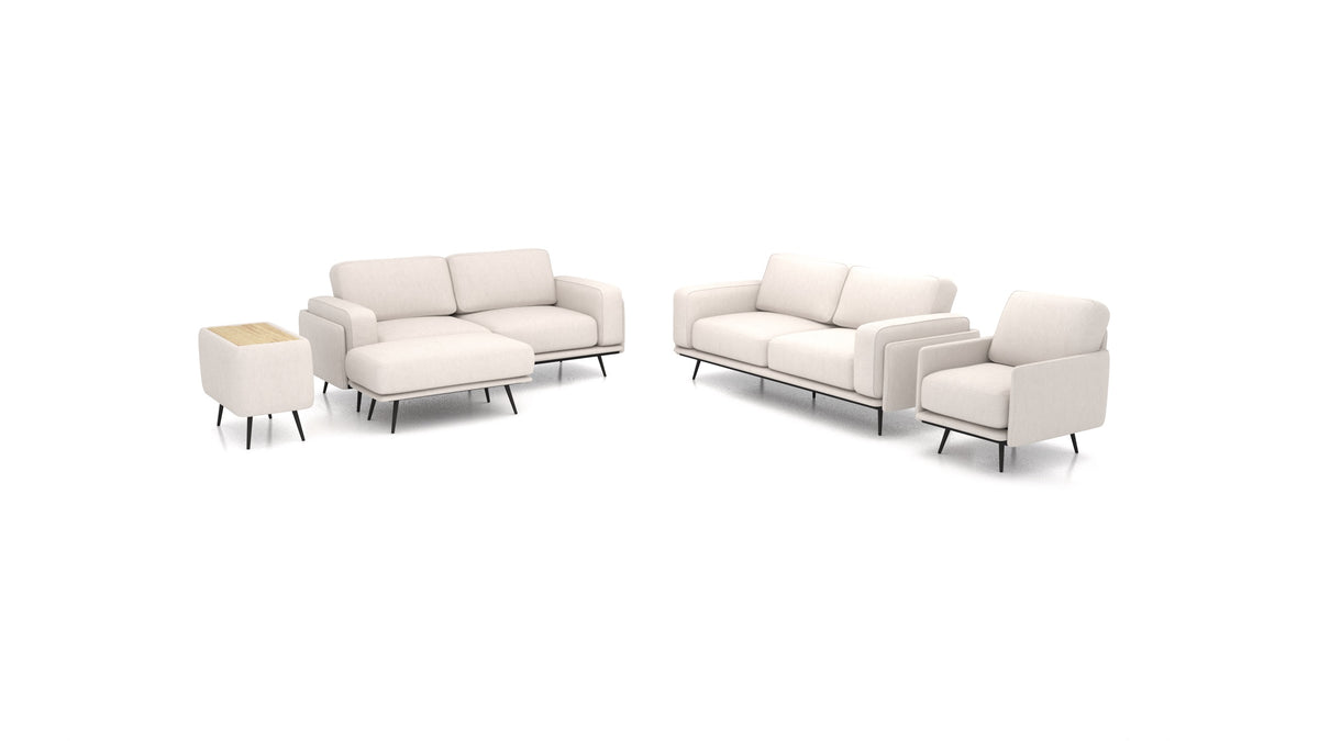 OIKO L+, modularna sjedeća garnitura FEYDOM u tkanini Mollia HC-04 White, svijetlo drvo