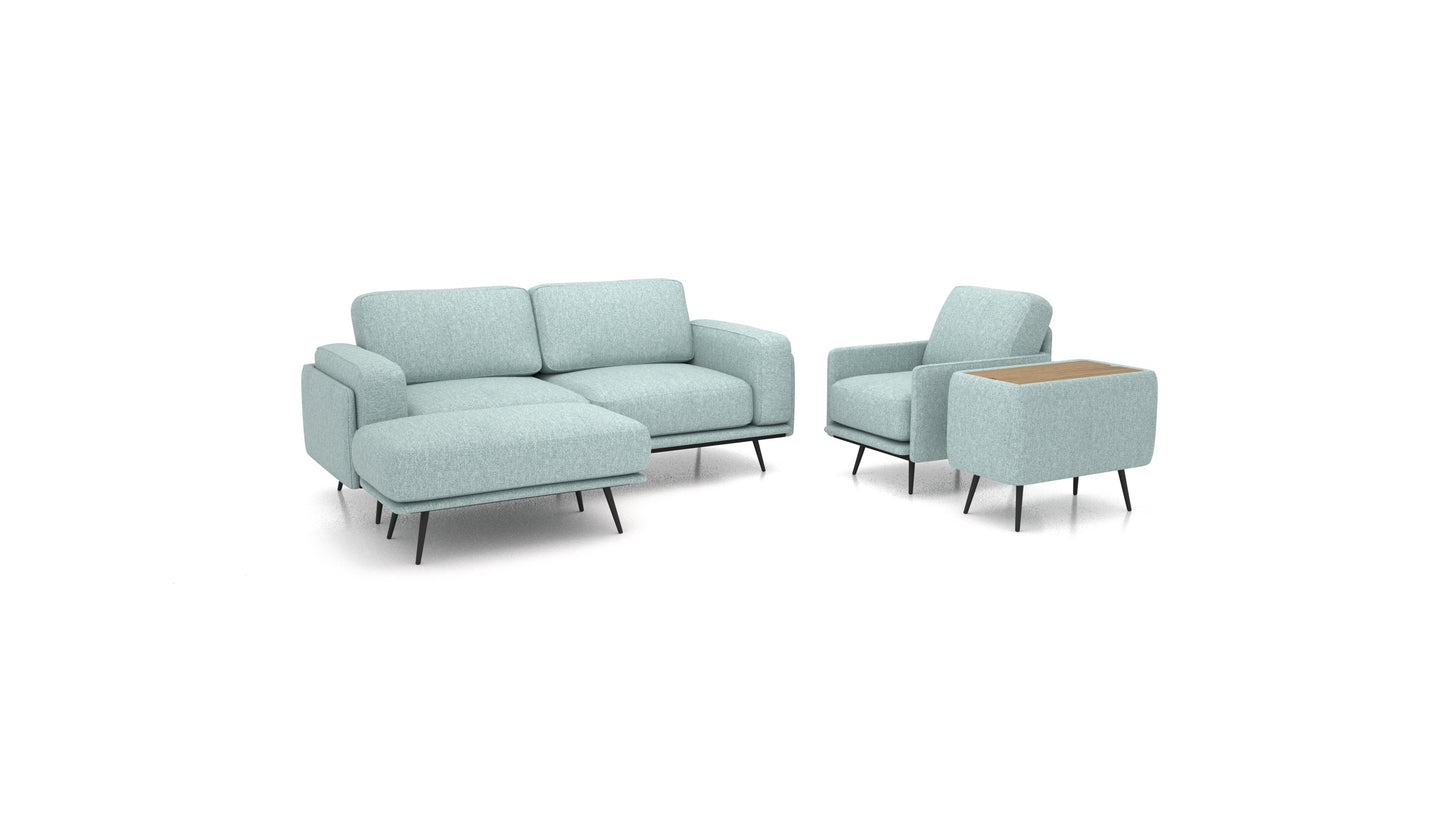 OIKO M+, modularna sjedeća garnitura FEYDOM u tkanini Alure DE-75 Pastel Blue, tamno drvo